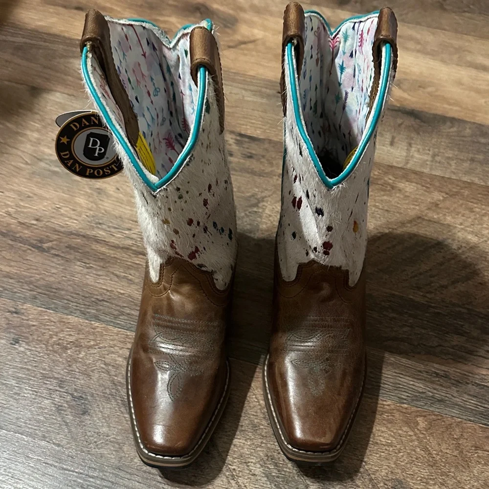 Dan Post Brown Leather Kids Western Boots with Cream Multi-Color Splash